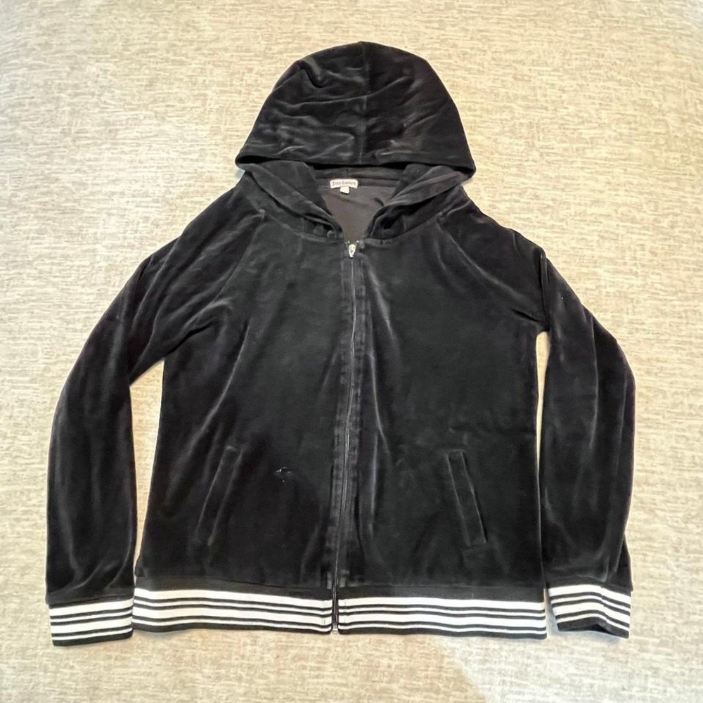 Juicy Couture Women's Black Velour Zip‎ Up Hoodie Jacket Size XL Striped Trim